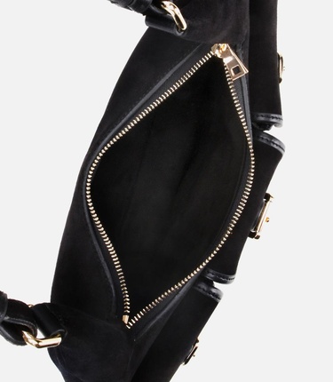  Kadın Süet Deri Siyah Cepli Tokalı Omuz Çantası