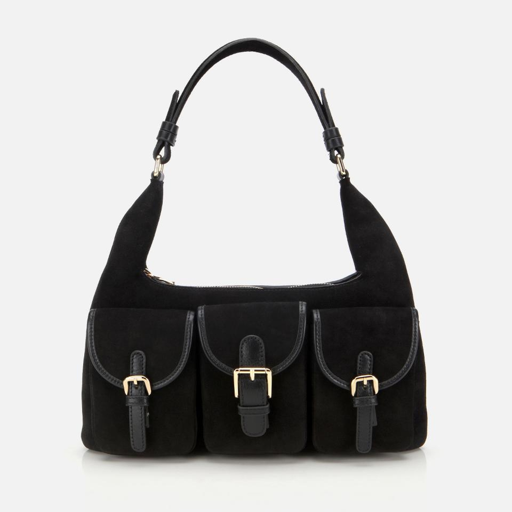 Kadın Süet Deri Siyah Cepli Tokalı Omuz Çantası