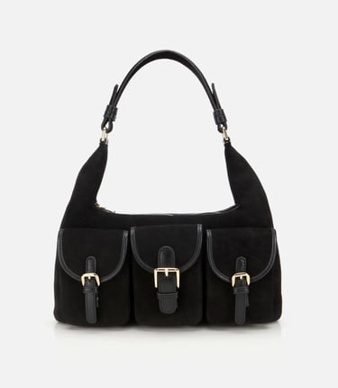  Kadın Süet Deri Siyah Cepli Tokalı Omuz Çantası