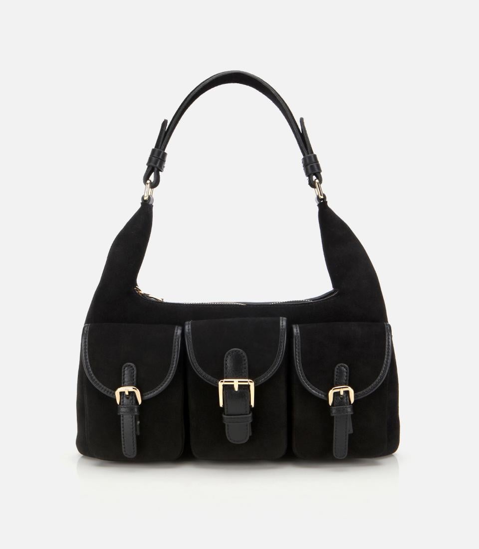  Kadın Süet Deri Siyah Cepli Tokalı Omuz Çantası