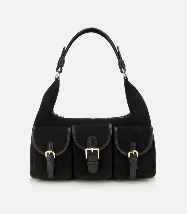  Kadın Süet Deri Siyah Cepli Tokalı Omuz Çantası