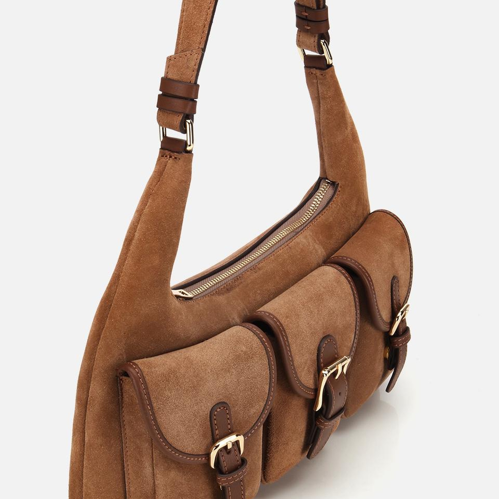 Kadın Süet Deri Taba Cepli Tokalı Omuz Çantası