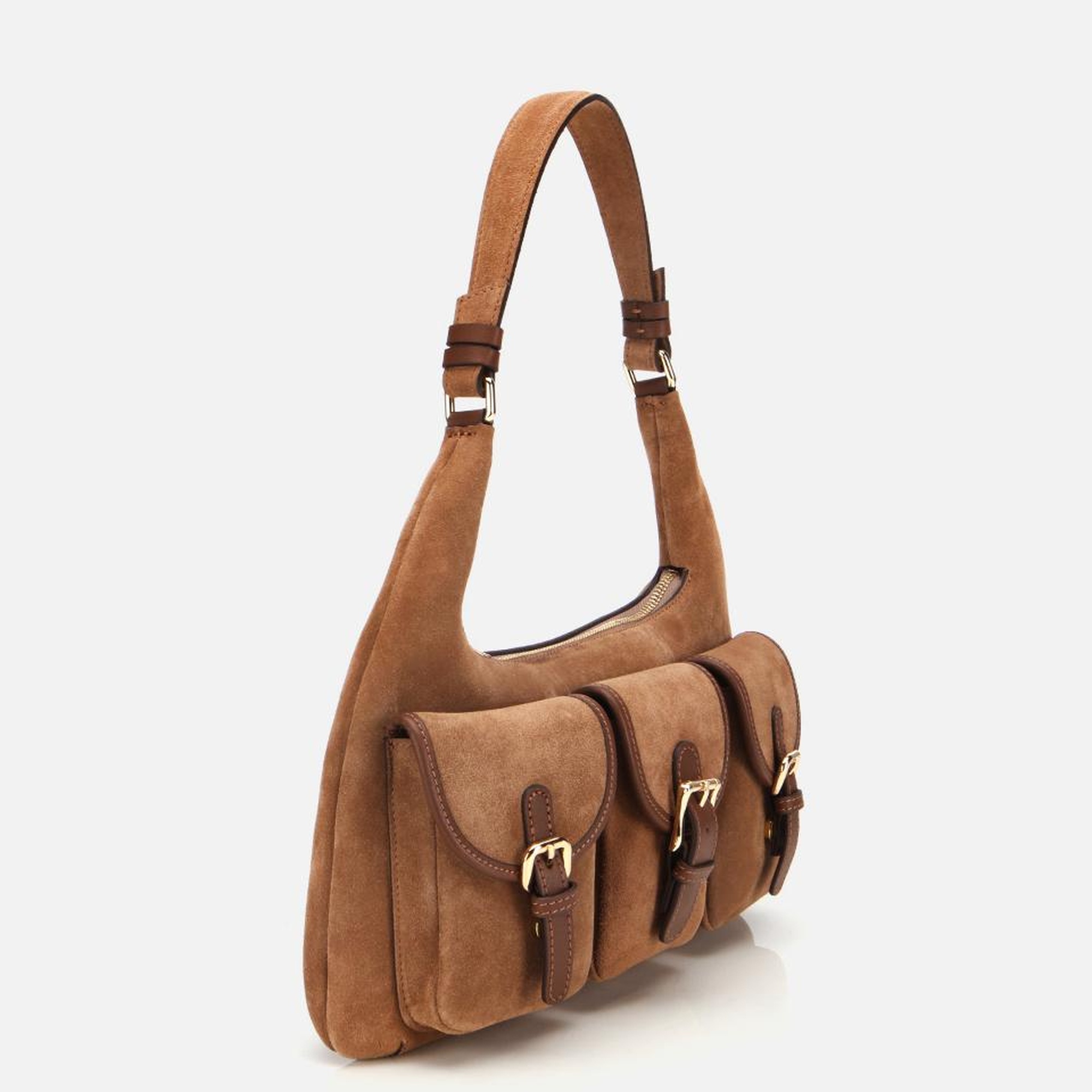 Kadın Süet Deri Taba Cepli Tokalı Omuz Çantası