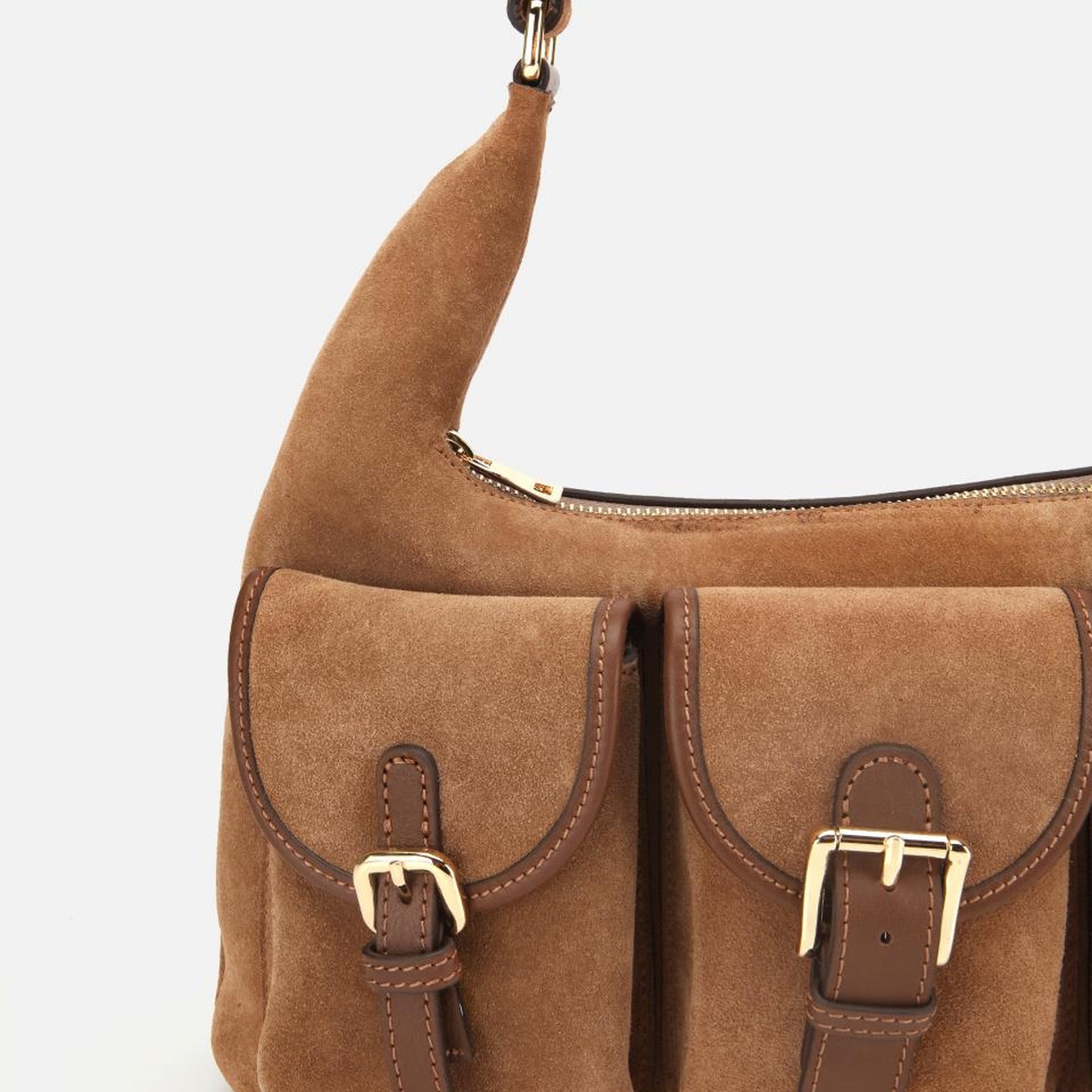 Kadın Süet Deri Taba Cepli Tokalı Omuz Çantası