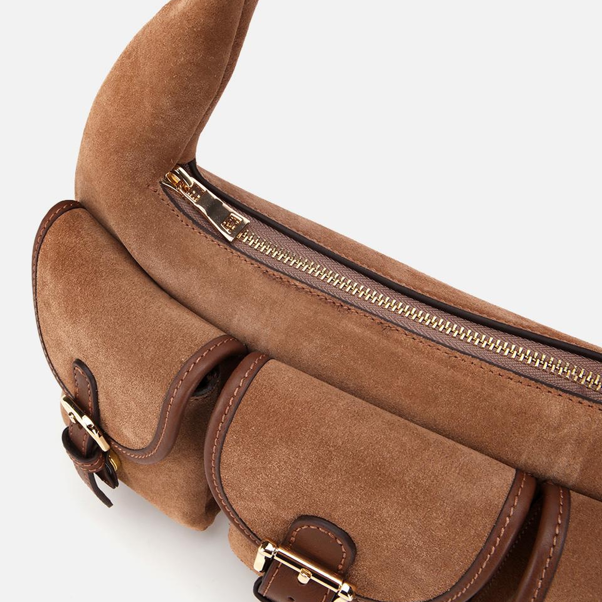 Kadın Süet Deri Taba Cepli Tokalı Omuz Çantası