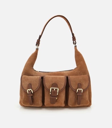  Kadın Süet Deri Taba Cepli Tokalı Omuz Çantası