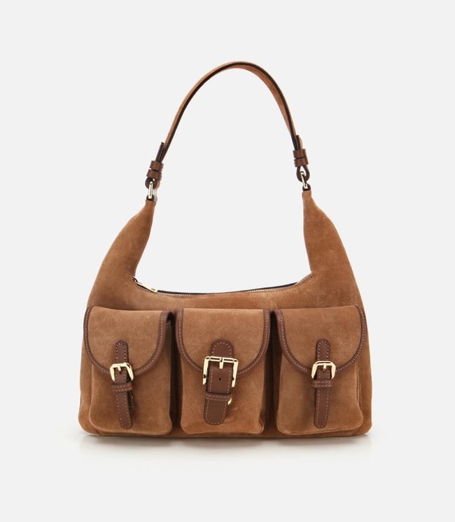  Kadın Süet Deri Taba Cepli Tokalı Omuz Çantası