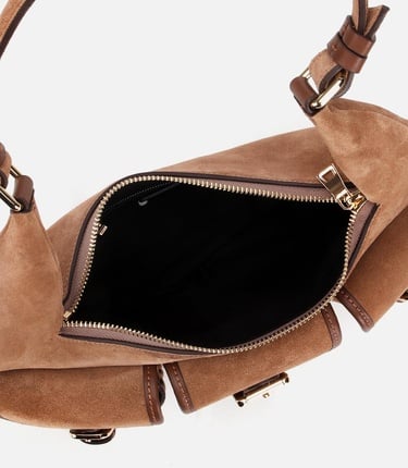  Kadın Süet Deri Taba Cepli Tokalı Omuz Çantası