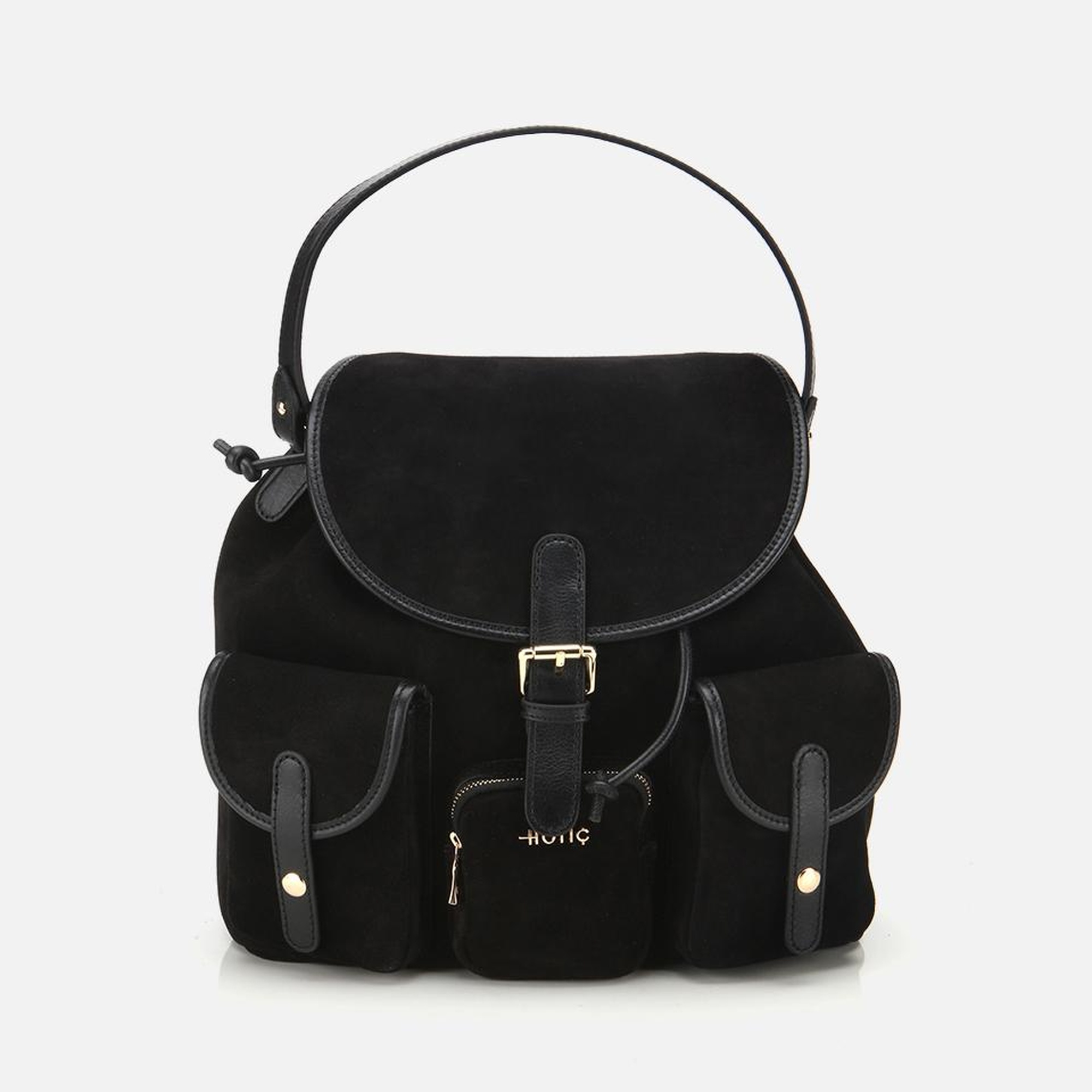 Kadın Süet Deri Siyah Cepli Tokalı Sırt Çantası