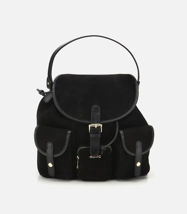  Kadın Süet Deri Siyah Cepli Tokalı Sırt Çantası