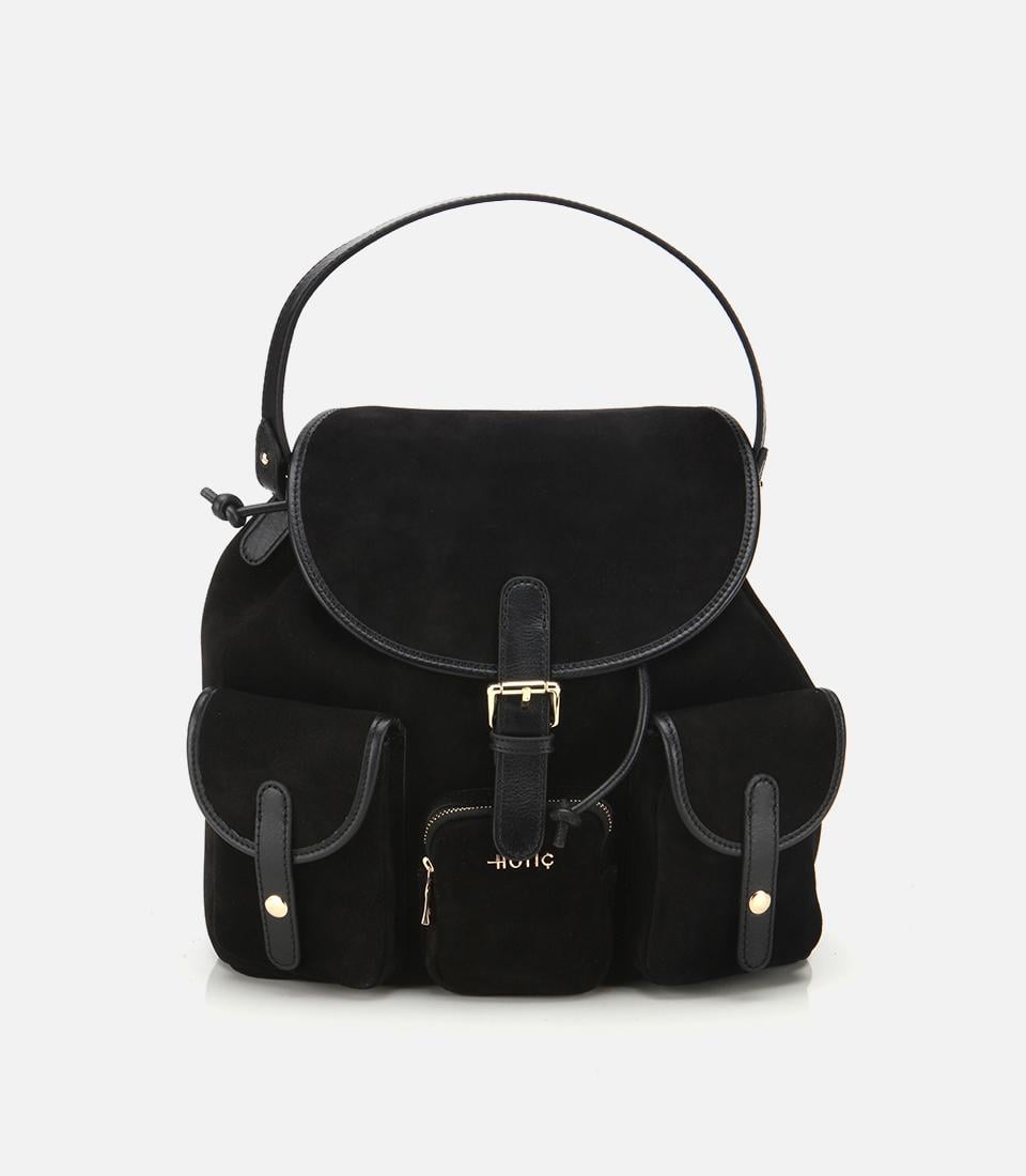  Kadın Süet Deri Siyah Cepli Tokalı Sırt Çantası