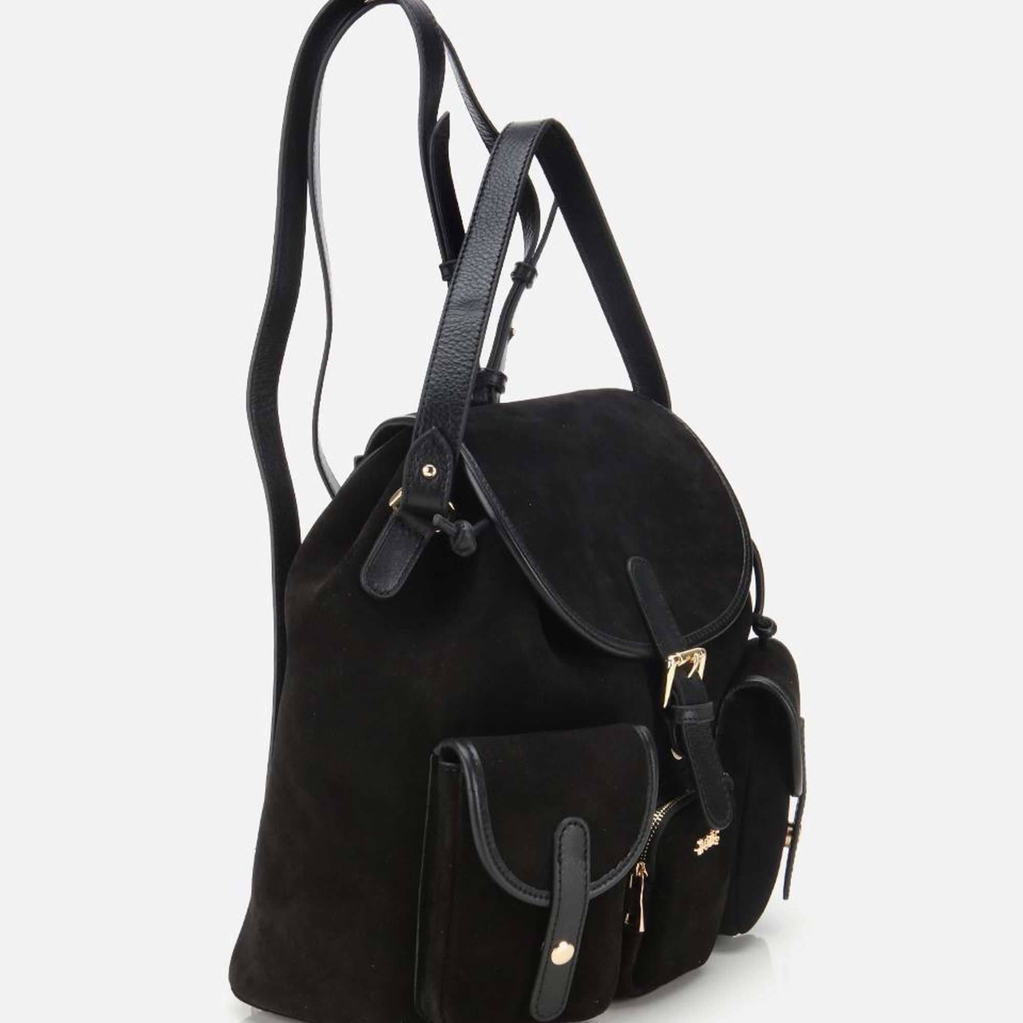 Kadın Süet Deri Siyah Cepli Tokalı Sırt Çantası