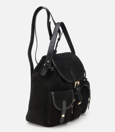  Kadın Süet Deri Siyah Cepli Tokalı Sırt Çantası