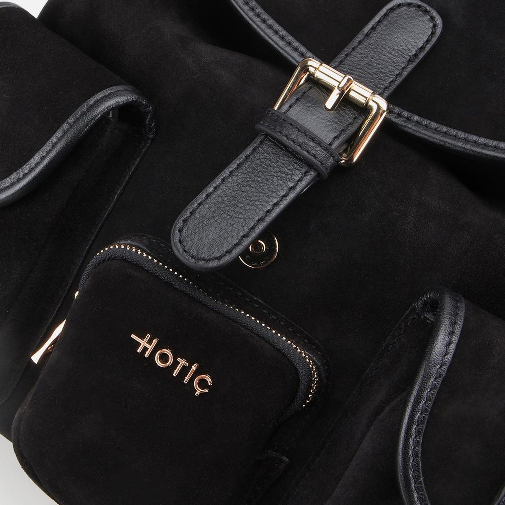 Kadın Süet Deri Siyah Cepli Tokalı Sırt Çantası