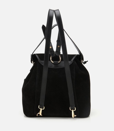  Kadın Süet Deri Siyah Cepli Tokalı Sırt Çantası