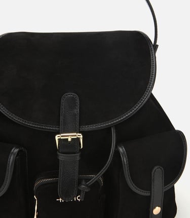  Kadın Süet Deri Siyah Cepli Tokalı Sırt Çantası