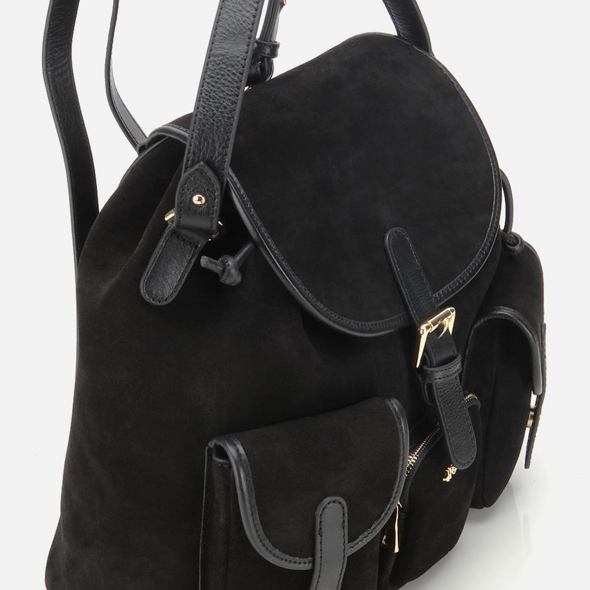 Kadın Süet Deri Siyah Cepli Tokalı Sırt Çantası