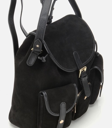  Kadın Süet Deri Siyah Cepli Tokalı Sırt Çantası