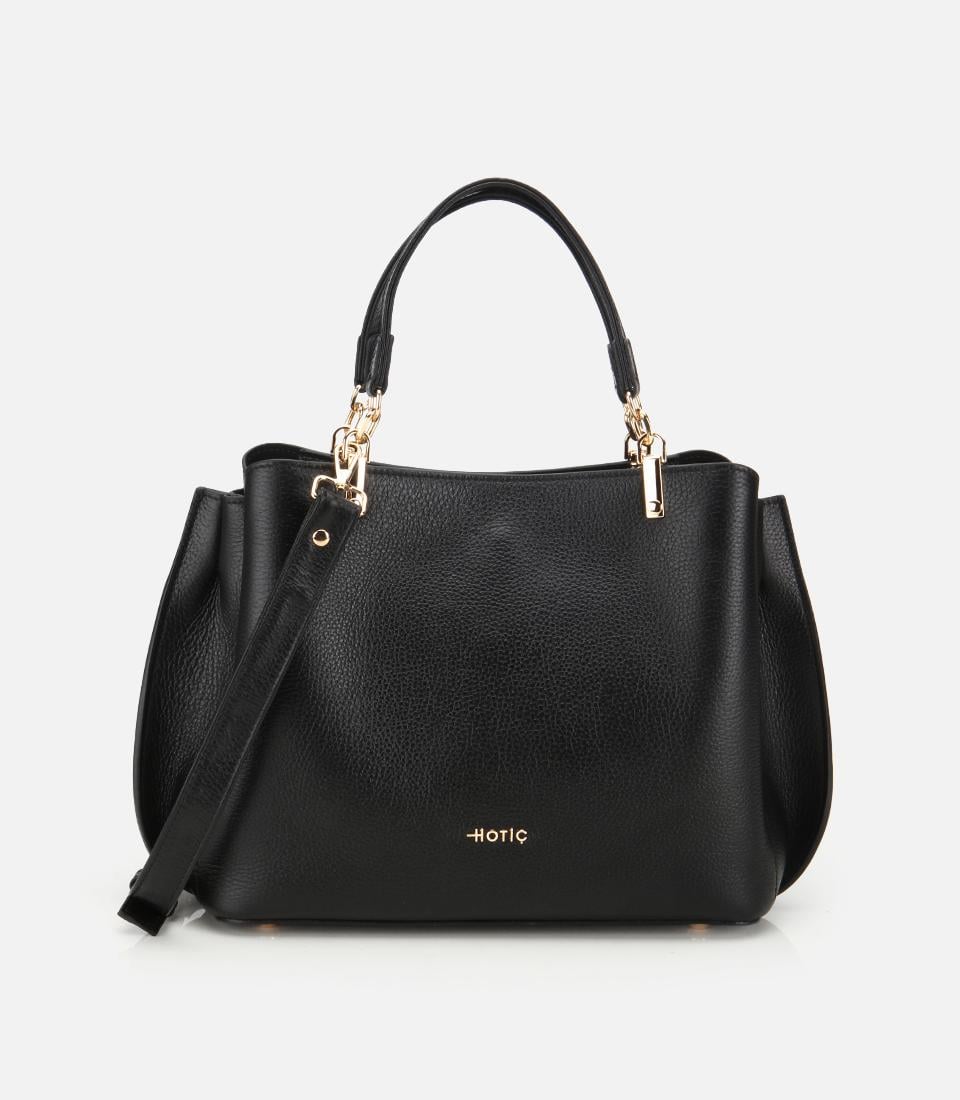  Kadın Deri Siyah Fermuarlı Omuz Çantası