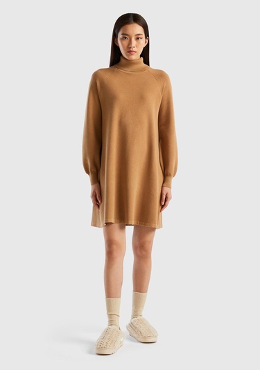  Kadın Taba Koton Karışımlı Balıkçı Yaka Diz Midi Elbise