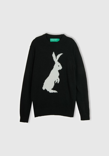  Erkek Siyah Yün Karışımlı Tavşan Desenli Kazak