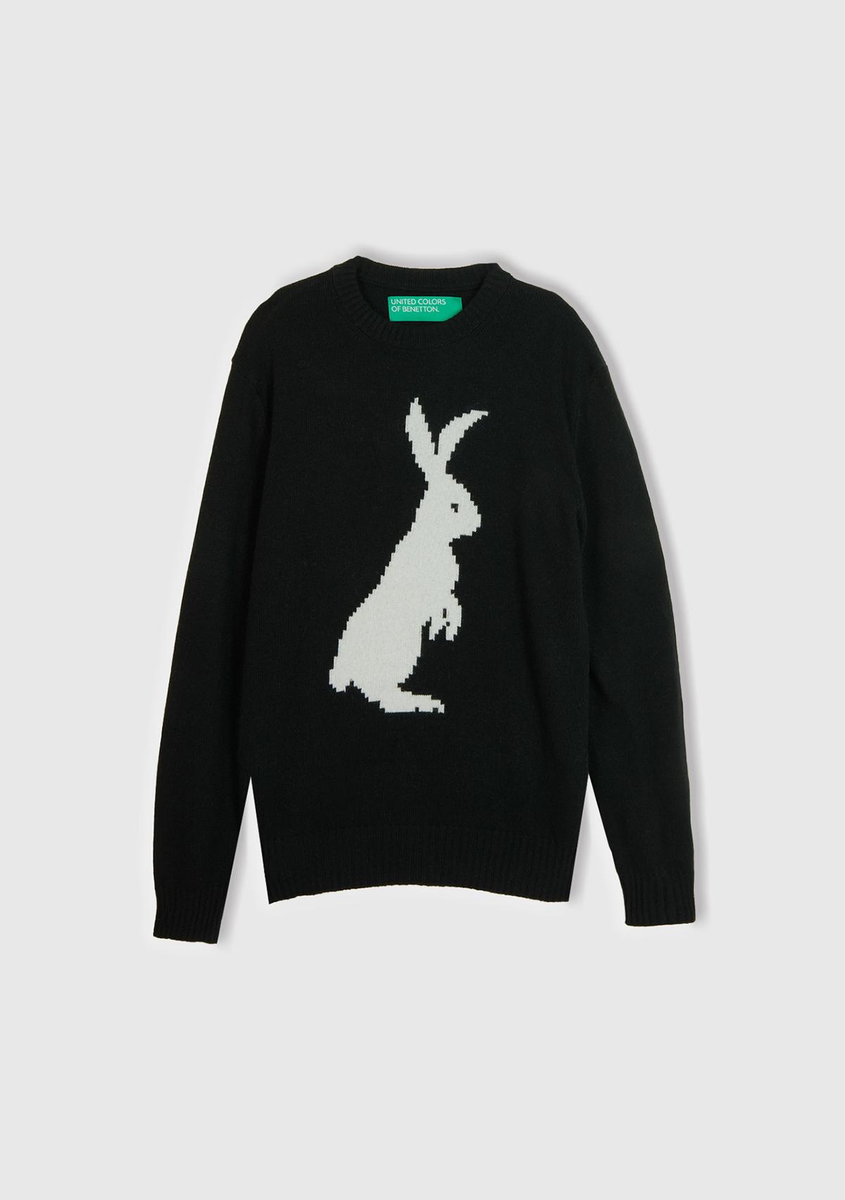  Erkek Siyah Yün Karışımlı Tavşan Desenli Kazak