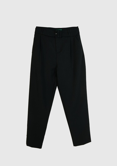  Kadın Siyah Poliviskoz Rahat Kalıp Kemerli Pantolon