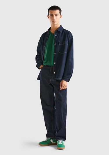  Erkek Koyu Denim Tek Cepli Denim Gömlek