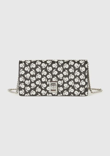  Kadın Lacivert Suni Deri Çiçek Desenli Zincir Askılı Cüzdan