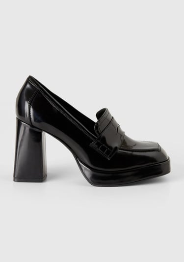  Kadın Siyah Suni Deri Topuklu Loafer