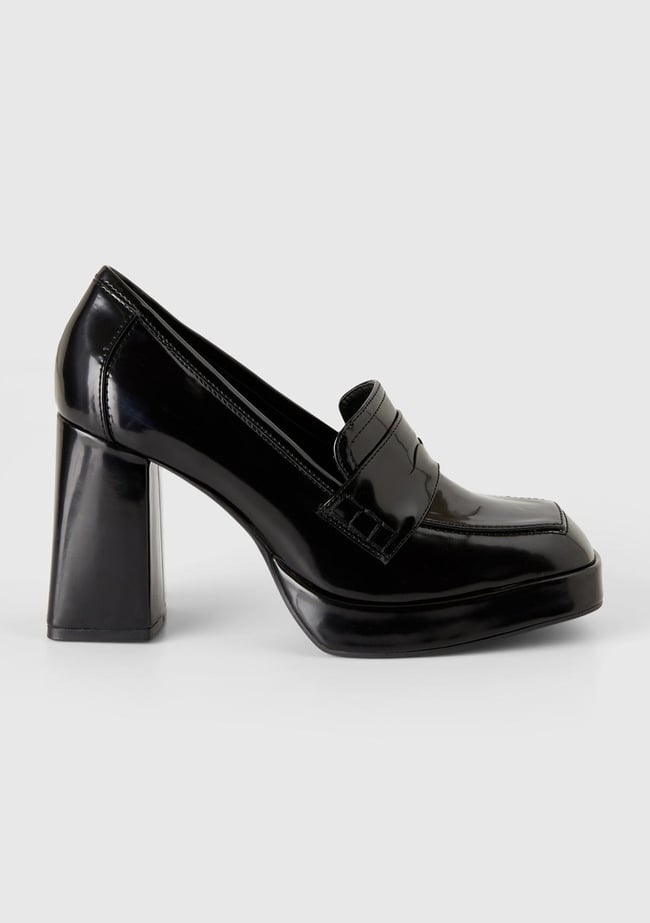  Kadın Siyah Suni Deri Topuklu Loafer