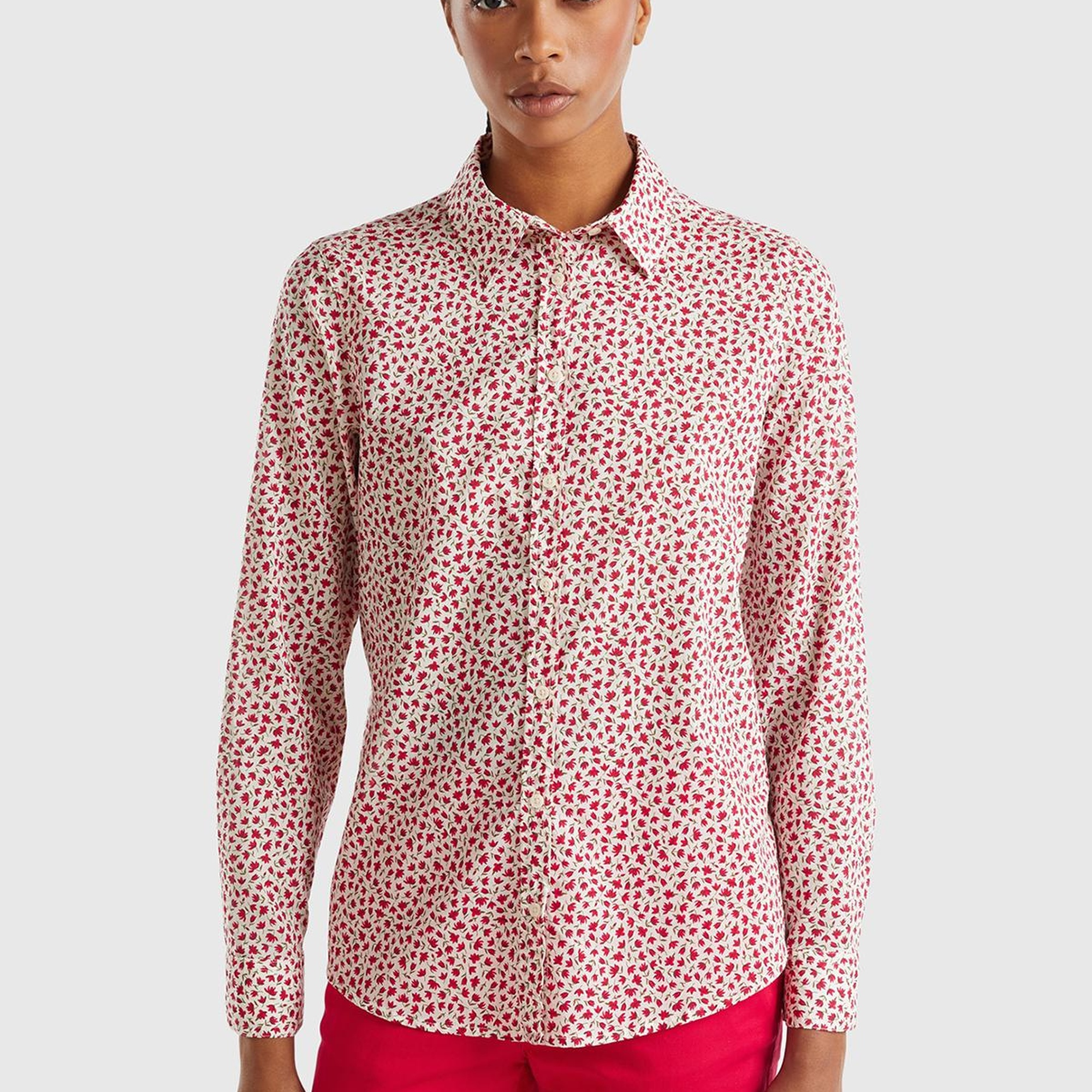 Kadın Kırmızı Mix %100 Koton Desenli Gömlek