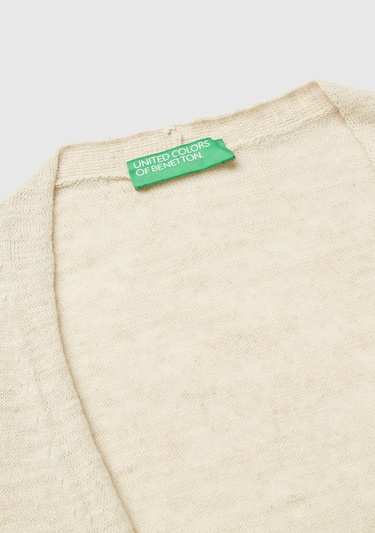  Kadın Vanilya Pamuk Keten Karışımlı Yırtmaçlı Uzun Hırka