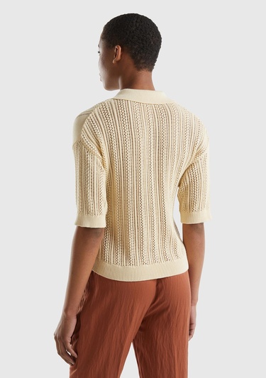  Kadın Bej %100 Pamuk Tığ İşi Kolları Büzgülü Polo Yaka Triko T-Shirt