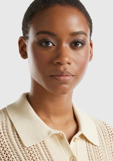  Kadın Bej %100 Pamuk Tığ İşi Kolları Büzgülü Polo Yaka Triko T-Shirt