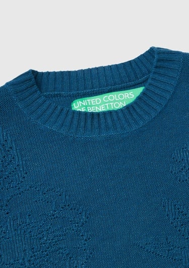  Kadın Petrol Mavisi Kaşmir ve Yün Karışımlı Baskılı Bisiklet Yaka Kazak