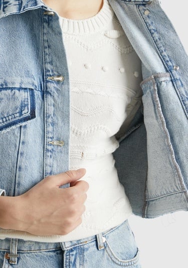  Kadın Mavi %100 Pamuk Yama Cepli Crop Kesim Denim Ceket