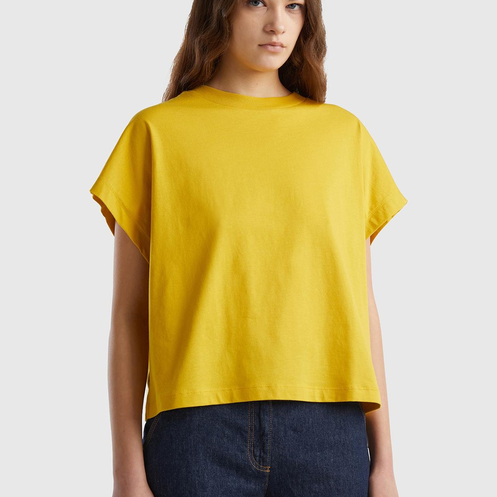 Kadın Hardal %100 Pamuk Kimono Kollu Bisiklet Yaka T-Shirt