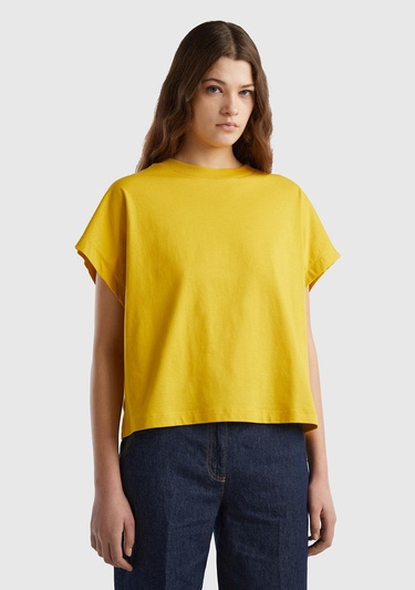  Kadın Hardal %100 Pamuk Kimono Kollu Bisiklet Yaka T-Shirt