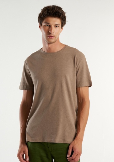  Erkek Kahverengi Keten Karışımlı Bisiklet Yaka Basic T-Shirt