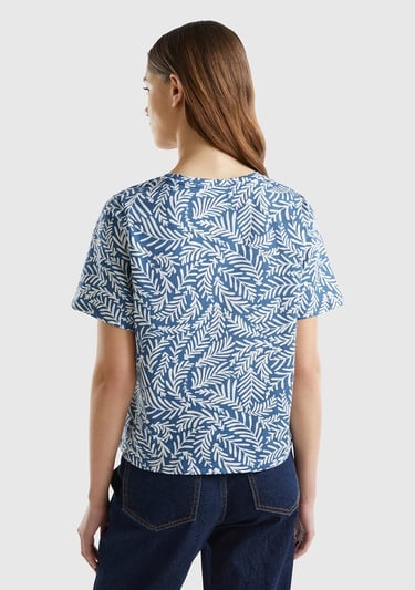  Kadın Lacivert-Krem %100 Pamuk Tamamı Desenli Derin V Yaka T-Shirt