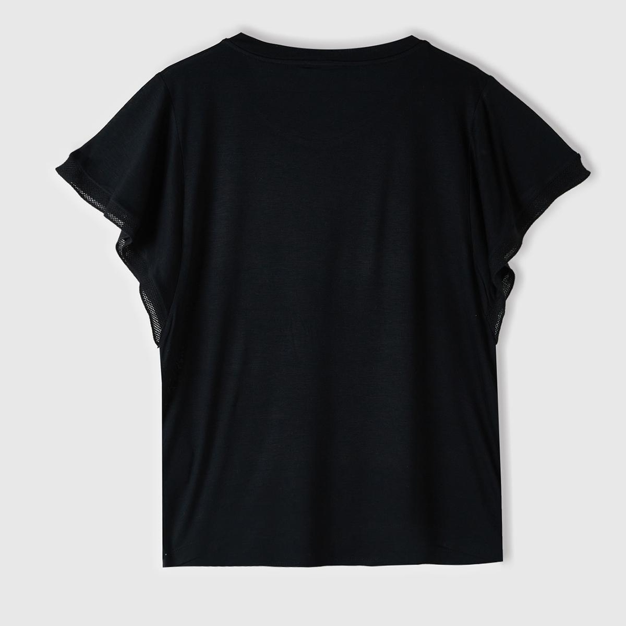 Kadın Siyah %100 Viskoz Kolları Fırfır Detaylı Geniş Yaka T-Shirt