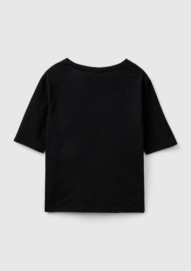  Kadın Siyah Pamuk Keten Karışımlı V Yaka Rahat Kesim T-Shirt