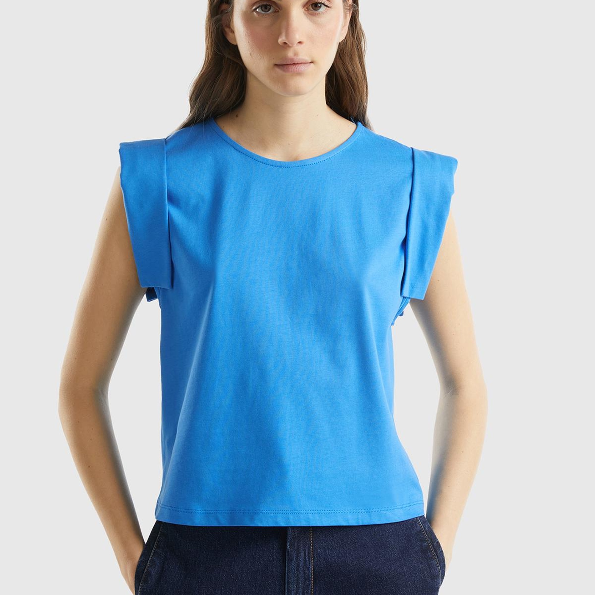 Kadın Mavi %100 Pamuk Geniş ve Kıvrık Kollu Bisiklet Yaka T-Shirt