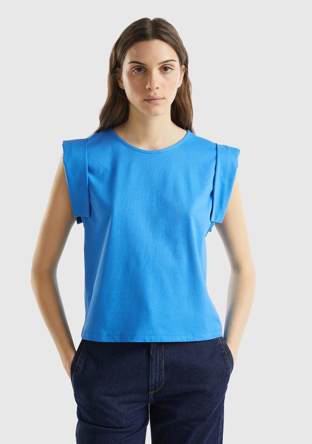  Kadın Mavi %100 Pamuk Geniş ve Kıvrık Kollu Bisiklet Yaka T-Shirt