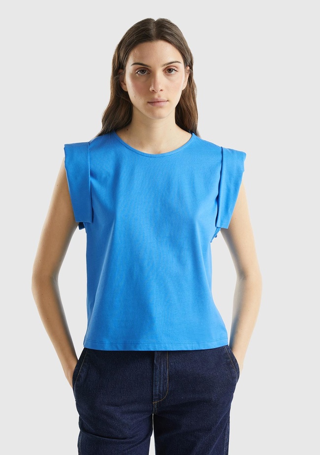  Kadın Mavi %100 Pamuk Geniş ve Kıvrık Kollu Bisiklet Yaka T-Shirt