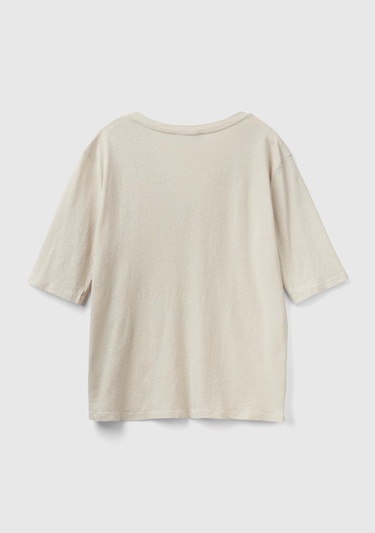  Kadın Bej Pamuk Keten Karışımlı V Yaka Rahat Kesim T-Shirt