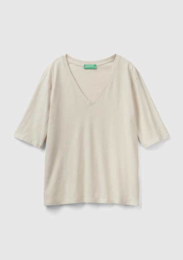  Kadın Bej Pamuk Keten Karışımlı V Yaka Rahat Kesim T-Shirt