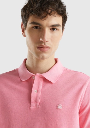  Erkek Açık Pembe %100 Pamuk Göğsü Yama Logo İşlemeli Polo Yaka T-Shirt