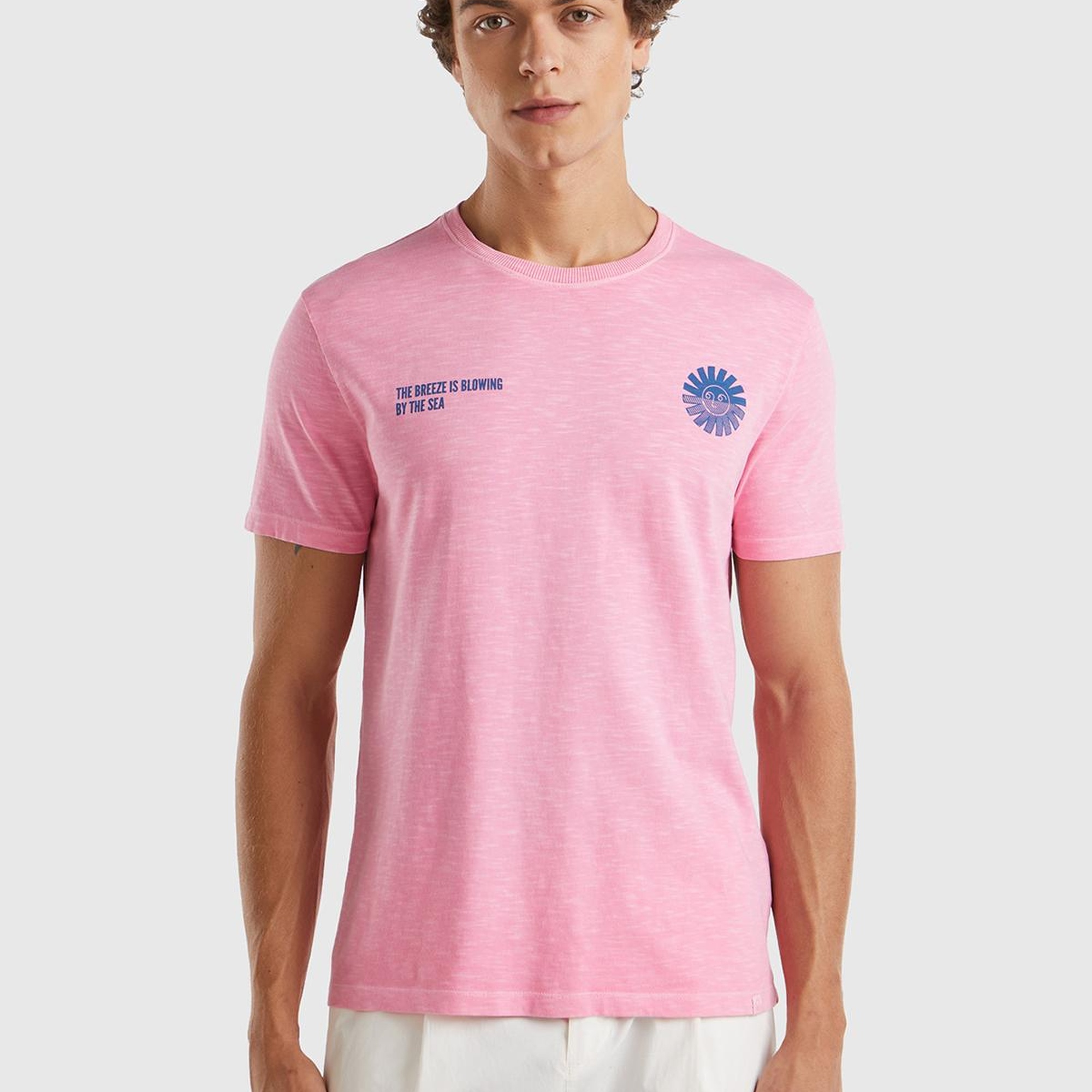 Erkek Pembe %100 Pamuk Önü ve Arkası Grafik Baskılı Bisiklet Yaka T-Shirt
